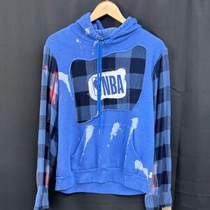 Blue NBA Hoodie with Plaid Sleeves repurposed by “Jagged Threads”